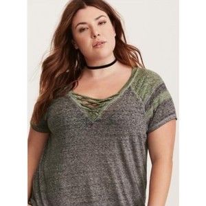 TORRID Lace-Up Football Sport Burnout Tee V-neck Contrast Gray & Green Top 3X